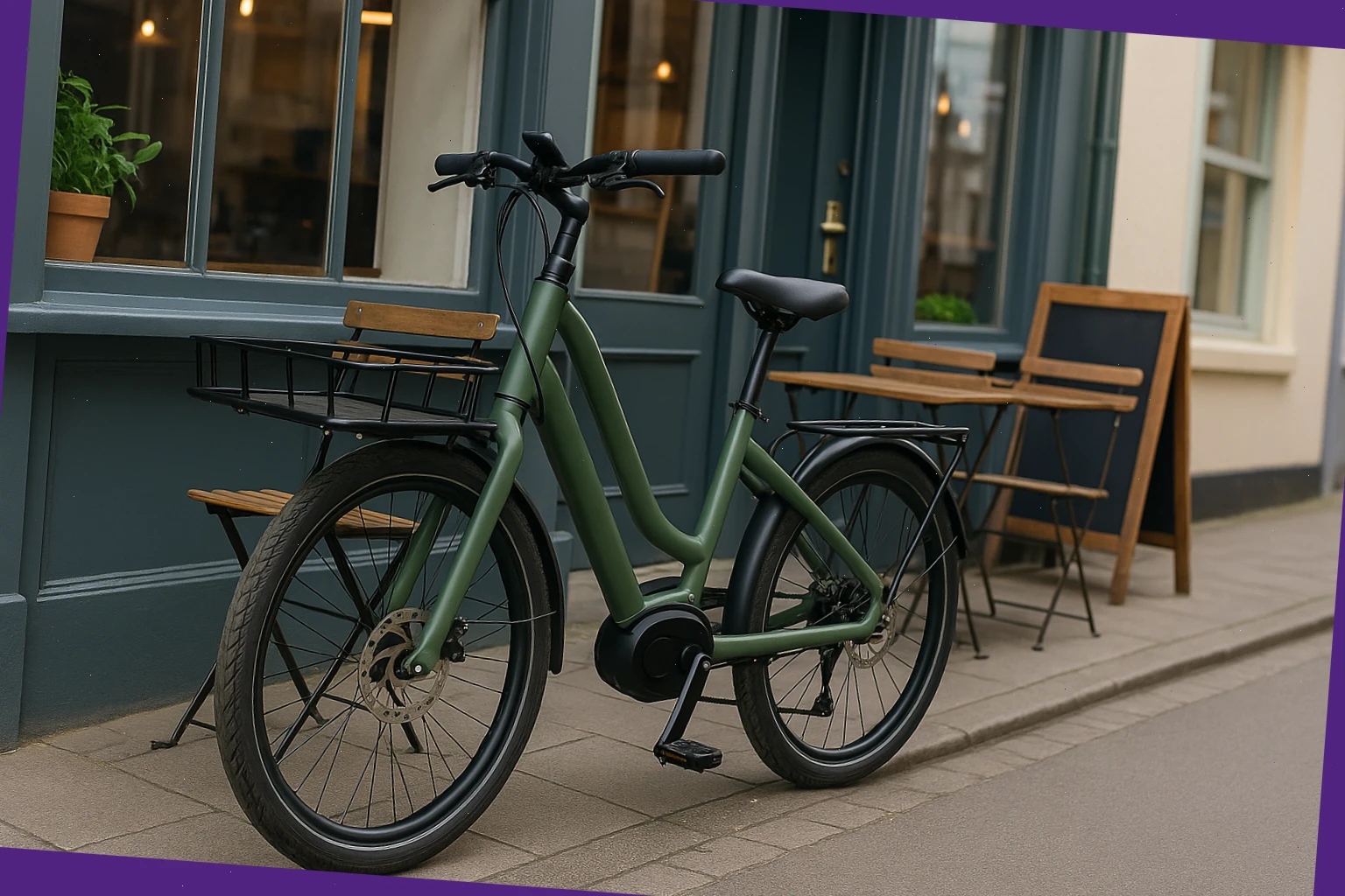 Light cargo e-bike with front platform outside a café