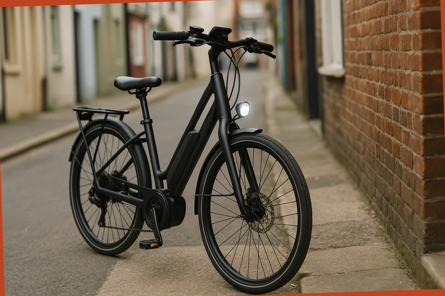 Compact commuter e-bike with integrated lights on a side street
