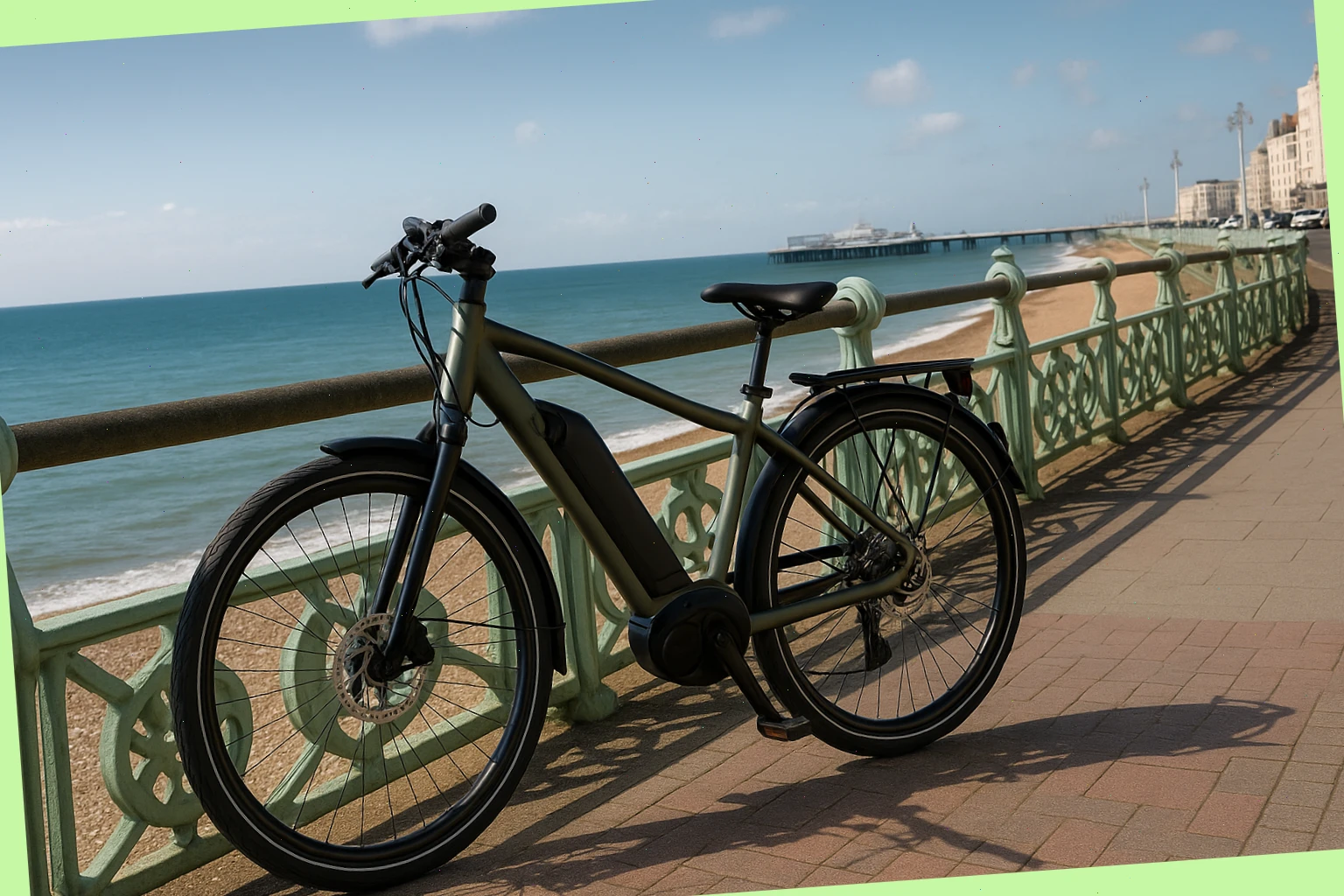 E-bike paused on Brighton promenade with the sea beyond