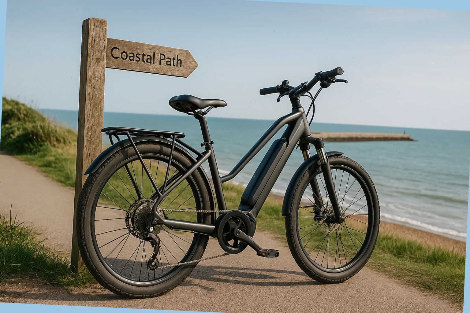 Long-range e-bike with rear rack beside a coastal path sign