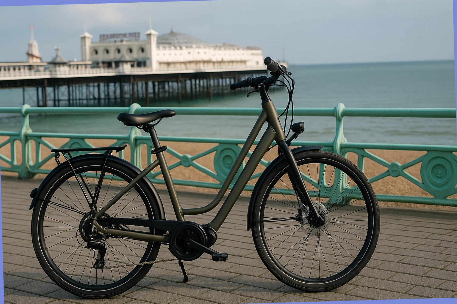 Step-through city e-bike with pannier mounts near the pier